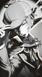  1boy bishounen black_hair buttons capelet chain coat commentary danganronpa_(series) danganronpa_v3:_killing_harmony detective eyelashes hair_between_eyes hand_on_headwear hat highres jacket long_sleeves looking_at_viewer male_focus monochrome open_mouth plaid_hat saihara_shuichi short_hair symbol-only_commentary trench_coat upper_body yukii_masako 