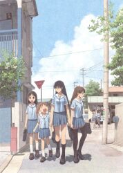  1boy 6+girls azuma_kiyohiko azumanga_daioh azumanga_daioh's_school_uniform azumanga_daioh_hoshuu-hen black_hair blue_serafuku blue_shirt blue_sky brown_eyes brown_hair closed_eyes clouds day food glasses highres ice_cream kagura_(azumanga_daioh) kasuga_ayumu long_hair mihama_chiyo mizuhara_koyomi multiple_girls official_art open_mouth orange_hair outdoors road_sign sakaki_(azumanga_daioh) school_uniform serafuku shirt short_hair sign sky stop_sign summer_uniform takino_tomo thigh-highs third-party_source twintails 