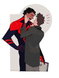  2boys black_hair bodysuit brown_eyes clipboard cropped_legs dark-skinned_male dark_skin dingnin98201637 grey_jacket grey_pants hand_on_another&#039;s_face hand_on_own_hip hashtag-only_commentary highres holding holding_clipboard jacket long_sleeves looking_at_another male_focus marvel miguel_o&#039;hara multicolored_bodysuit multiple_boys open_mouth pants peter_b_parker short_hair spider-man:_across_the_spider-verse spider-man_(2099) spider-man_(series) spider-verse superhero_costume teeth 
