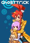  aria_chu black_eyes capcom dog ghost_trick hime_cut kanon_(ghost_trick) lynne missile_(ghost_trick) open_mouth pantyhose purple_hair red_hair redhead ribbon simple_background smile trench_coat trenchcoat 