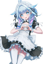  1girl :d absurdres ahoge alternate_costume arm_cuffs blue_eyes blue_hair bow braid cha_seiga check_commentary cleavage_cutout clothing_cutout commentary_request cowboy_shot dress frilled_dress frills garter_straps hair_flaps hair_ornament heart heart_hands highres hololive hololive_dev_is lightning_ahoge long_hair looking_at_viewer maid mizumiya_su multicolored_hair open_mouth pink_hair puffy_short_sleeves puffy_sleeves short_sleeves simple_background smile socks solo streaked_hair thigh-highs twin_braids virtual_youtuber white_background white_bow white_socks zettai_ryouiki 