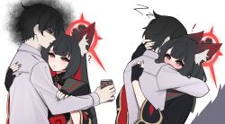  1boy 1girl absurdres animal_ear_fluff animal_ears black_eyes black_gloves black_hair black_kimono black_nails blush colored_inner_hair drink embarrassed fingerless_gloves fingernails fox_ears fox_girl fox_tail gloves grey_shirt halo highres holding holding_drink hug japanese_clothes kimono long_fingernails long_hair multicolored_hair red_hair red_halo shaded_face shirt short_hair silenzuka sweatdrop tail two-tone_hair wakamo_(blue_archive) yellow_eyes 