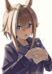  1girl animal_ears blue_eyes blush breasts brown_hair buttons cheval_grand_(umamusume) coat double-breasted food highres holding holding_food horse_ears horse_girl looking_at_viewer medium_hair multicolored_hair no_headwear o_ko_ge2024 open_mouth purple_coat purple_sailor_collar sailor_collar school_uniform simple_background solo steamed_bun streaked_hair tracen_school_uniform tracen_winter_coat umamusume upper_body white_background white_hair winter_clothes winter_coat winter_uniform 
