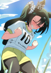  1girl absurdres animal_ears baasaku_(balasaku24) black_hair black_leggings blue_sky blush breasts closed_eyes clouds ear_ornament ear_through_crown green_hair grin gym_shirt hair_between_eyes highres horse_ears horse_girl horse_tail leggings leggings_under_shorts long_hair multicolored_hair open_mouth outdoors race_bib satono_crown_(umamusume) shirt short_sleeves shorts side_ponytail sky smile solo streaked_hair tail teeth umamusume white_hair white_shirt yellow_shorts 