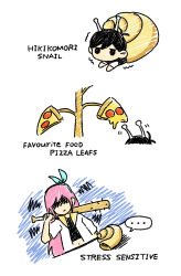  ... 1boy 1girl antenna_hair arm_up aubrey_(faraway)_(omori) aubrey_(omori) baseball_bat black_eyes black_hair black_sweater_vest blue_hairband closed_mouth creature crop_top double-parted_bangs english_text food hair_between_eyes hairband holding holding_baseball_bat jacket long_hair nail_(hardware) nail_bat navel no_eyes omori pink_hair pizza shaded_face shell shirt short-sleeved_jacket short_hair short_sleeves sidelocks simple_background snail speech_bubble spoken_ellipsis sun_iiinu sunny_(omori) sweater_vest white_background white_jacket white_shirt 