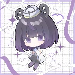  1girl black_dress black_hair black_shoes bob_cut chibi chibi_only closed_mouth coat dress full_body gradient_hair gwynn_(pokemon) hat long_sleeves looking_at_viewer multicolored_hair open_clothes open_coat own_hands_together pantyhose pokemon pokemon_legends:_z-a purple_hair purple_pantyhose shoes short_hair solo suiu_(ai_gp) violet_eyes white_coat 