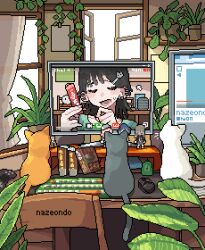  1girl animal artist_name black_hair cat cat_hair_ornament chair closed_eyes computer_keyboard computer_mouse controller cursor desk ear_piercing figure game_controller gamepad hair_ornament hairclip indoors monitor nazeondo open_mouth open_window original piercing pixel_art plant potted_plant shelf video_call vines window 