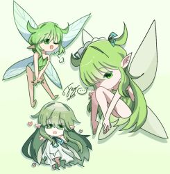  ... 3girls antenna_hair black_souls black_souls_2 blue_ribbon fairy fairy_wings gradient_background green_background green_eyes green_hair green_leotard green_wings hand_on_own_foot hand_on_own_leg hand_up heart leaf_(black_souls) long_hair looking_at_another looking_at_viewer maid_headdress multiple_girls no_mouth saya_no_uta saya_no_uta_(cosplay) short_hair sigh signature smile smug white_dress 
