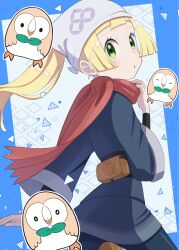  1girl :o akari_(pokemon) akari_(pokemon)_(cosplay) back blonde_hair cosplay green_eyes headscarf highres jacket lillie_(pokemon) long_hair looking_at_viewer looking_back nemunemu_0826 pantyhose pokemon pokemon_legends:_arceus pokemon_sm rowlet scarf solo standing 