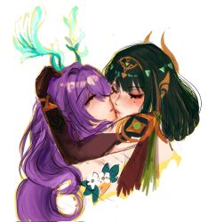  2girls antlers blush brown_gloves closed_eyes closed_mouth elbow_gloves eyeshadow flower freckles genshin_impact gloves green_hair hand_on_another's_head hand_up hashtag-only_commentary headpiece highres horns kiss kissing_cheek lauma_(genshin_impact) leaf lips long_hair makeup multiple_girls nefer_(genshin_impact) purple_hair red_eyeshadow short_hair simple_background sleepybelleza smile upper_body wavy_hair white_background white_flower yuri 