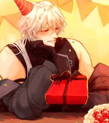  1boy a_date_with_death absurdres averting_eyes black_gloves black_jacket black_shirt bunting casper_(a_date_with_death) confetti elbow_rest food fruit gift gloves hair_over_shoulder hand_on_own_chin hat head_rest highres incoming_gift jacket jacket_partially_removed jellyfish_cut looking_to_the_side male_focus official_art party_hat plate promotional_art red_eyes shirt sleeveless sleeveless_shirt solo strawberry upper_body white_hair 