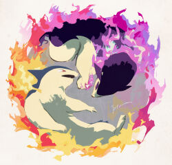  fangs fire full_body hisuian_typhlosion isutai looking_at_another no_humans pokemon pokemon_(creature) purple_fire purple_fur red_eyes regional_and_normal simple_background two-tone_fur typhlosion white_background yellow_fur 