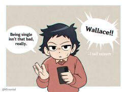  1boy english_text fourth_wall gameplay_mechanics highres holding holding_phone looking_at_viewer male_focus nifast_(greentail) phone scott_pilgrim_(series) scott_pilgrim_takes_off shaded_face short_hair solo speech_bubble standing sweatdrop upper_body wallace_wells 