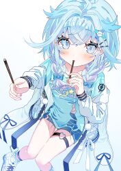  1girl absurdres ahoge ankle_strap blue_bow blue_eyes blue_hair blue_shirt blue_shorts bow braid check_commentary commentary_request crossed_bangs feet_out_of_frame food food_in_mouth from_above gradient_background hair_flaps hair_ornament heart heart_o-ring highres holding holding_food holding_pocky hololive hololive_dev_is incoming_food invisible_chair jacket long_hair looking_at_viewer mizumiya_su multicolored_hair o-ring o-ring_thigh_strap pink_hair pocky pocky_in_mouth shirt shoes short_shorts shorts simple_background sitting sneakers solo streaked_hair thigh_strap torn_clothes torn_shirt twin_braids virtual_youtuber wasemkn white_background white_shoes 