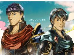  2boys armor blue_eyes blue_hair closed_mouth commentary_request dated fenekia fire_emblem fire_emblem:_mystery_of_the_emblem fire_emblem:_radiant_dawn gem green_headband headband highres ike_(fire_emblem) looking_at_viewer male_focus marth_(fire_emblem) multiple_boys pauldrons red_gemstone short_hair shoulder_armor single_pauldron super_smash_bros. tiara 