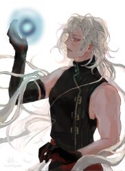  1boy a_date_with_death aegyo_sal allerghen black_gloves black_shirt casper_(a_date_with_death) from_side gloves hair_over_shoulder hand_up highres jellyfish_cut male_focus muscular muscular_male official_art orb painterly parted_lips promotional_art red_eyes shirt sleeveless sleeveless_shirt solo white_hair wind 