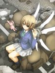  bandaid brown_eyes brown_hair chise_(saishuu_heiki_kanojo) debris destruction mechanical_wings mikago_kotaro plush rubble saishuu_heiki_kanojo school_bag school_uniform short_hair skirt solo wings 