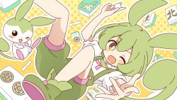  1girl ;d animal_ears blush_stickers boots bright_pupils commentary_request dot_nose double-parted_bangs dual_persona foot_out_of_frame green_boots green_hair green_shorts highres long_hair looking_at_viewer mahjong neck_ribbon one_eye_closed open_mouth outline pink_ribbon ribbon riichi_city shirt short_sleeves shorts smile solo suspender_shorts suspenders utau voicevox white_outline white_pupils white_shirt yellow_background yellow_eyes zundamon zundamon_(utau) zungurimukkuri_tarou 