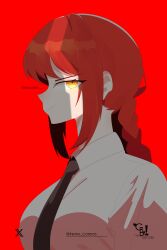  1girl absurdres artist_name black_necktie braid braided_ponytail chainsaw_man closed_mouth collared_shirt diamondgreenanimat0 english_commentary highres makima_(chainsaw_man) necktie red_background red_hair ringed_eyes shirt sidelocks simple_background solo twitter_x_logo white_shirt yellow_eyes 