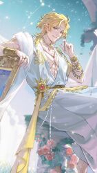  1boy absurdres ancient_greek_clothes aqua_eyes arch architecture arm_rest arm_tattoo barefoot beads blonde_hair body_chain bracelet bracer brooch chinese_commentary collarbone constellation curtained_hair earrings flower foot_out_of_frame gem gold_bracelet gold_choker gold_earrings gold_necklace grass greco-roman_architecture greco-roman_clothes guest_art hand_up highres jewelry lars_rorschach light_particles looking_at_viewer lovebrush_chronicles male_focus multiple_bracelets multiple_rings necklace painting_(object) parted_bangs parted_lips pectoral_cleavage pectorals picture_frame pillar pink_flower pink_rose plant plunging_neckline red_gemstone ring robe rose sash short_hair short_sleeves sideways_glance sitting sky smile solo star_(sky) starry_sky sun_earrings sun_necklace sun_symbol tattoo toned toned_male vines waist_sash white_robe yellow_sash yiy1123 