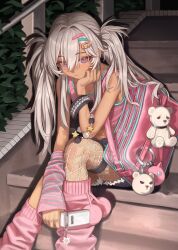  1girl absurdres asymmetrical_legwear bag bare_shoulders closed_mouth crop_top dark-skinned_female dark_skin expressionless feet_out_of_frame fishnet_pantyhose fishnets hair_ornament hairclip hand_on_own_cheek hand_on_own_face head_rest highres holding holding_phone long_hair loose_socks midriff naruto_maki_(naruto05) original outdoors pantyhose phone pink_arm_warmers pink_bag pink_eyes pink_socks pink_tank_top short_shorts shorts shoulder_bag single_leg_pantyhose sitting sitting_on_stairs socks solo stairs tank_top torn_clothes torn_shorts twintails white_hair 