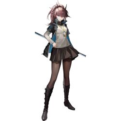  1girl arknights arm_at_side brown_hair brown_pantyhose full_body hand_on_own_hip holding holding_sword holding_weapon horns id_card kang_yiqian_(self_cultivation) katana layered_sleeves long_hair long_sleeves looking_at_viewer mole mole_under_eye official_art pantyhose rhodes_island_uniform scabbard sheath sheathed short_over_long_sleeves short_sleeves simple_background skirt solo standing sword tachi-e third-party_source transparent_background weapon yato_(arknights) 