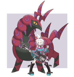  1girl absurdres aqua_eyes aqua_nails bare_shoulders bass_guitar black_boots blush boots commentary_request dress fingernails forehead freckles grin hair_bobbles hair_ornament highres holding holding_bass_guitar holding_instrument holding_plectrum horns instrument jmsleo korean_commentary long_sleeves medium_hair nail_polish official_style outline plectrum pokemon pokemon_(creature) pokemon_bw2 roxie_(pokemon) scolipede simple_background smile standing striped_clothes striped_dress teeth topknot two-tone_dress v-shaped_eyebrows white_hair white_outline 