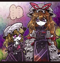  ... absurdly_long_hair aged_down ascot child collar comforting dress frills frown hair_between_eyes hat hat_ribbon long_dress long_hair maribel_hearn mob_cap pink_ascot purple_dress purple_tabard red_ribbon ribbon sash sleeve_ribbon standing suenari_(peace) tabard tears touhou very_long_hair violet_eyes white_collar white_dress white_sash yakumo_yukari 