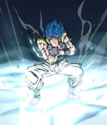  1boy black_vest blue_hair blue_sash clenched_hands cropped_vest dragon_ball dragon_ball_super dragon_ball_super_broly full_body glowing gogeta kazumax76 male_focus medium_hair metamoran_vest muscular muscular_male no_shirt open_clothes open_vest pants sash solo spiky_hair super_saiyan super_saiyan_blue vest white_pants 