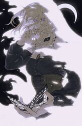  1girl 7nite absurdres bang_dream! bang_dream!_it&#039;s_mygo!!!!! black_dress blonde_hair brown_corset commentary corset crescent doloris_(bang_dream!) dress english_commentary floating_hair hair_between_eyes hand_up highres holding holding_mask long_hair long_sleeves looking_at_viewer mask masquerade_mask misumi_uika solo unworn_mask violet_eyes 