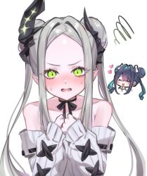  2girls black_hair black_horns bow bowtie dress fang forehead ga8s3 goddess_of_victory:_nikke green_eyes grey_bow grey_hair grey_sweater hair_bun heart horns leviathan_(nikke) little_mermaid_(beautiful_bubble)_(nikke) little_mermaid_(nikke) long_hair looking_at_viewer multicolored_hair multiple_girls off-shoulder_sweater off_shoulder official_alternate_costume open_mouth pointy_ears ribbed_dress simple_background streaked_hair sweater white_background 