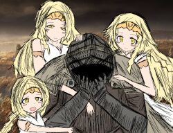 4boys age_comparison armband armor black_sky black_souls black_souls_2 blonde_hair braid brown_cape cape closed_mouth dot_nose dress full_armor game_screenshot_background gauntlets hand_on_another's_head hand_on_own_face holding_another's_arm long_hair looking_at_another meme miquella_(elden_ring) multiple_boys open_mouth orange_pupils parody screenshot_background skk_kanchou sky sleeveless smile sushi_yuusha_toro_(style) tarnished_(elden_ring) trap twin_braids where_is_alice_(meme) white_dress yellow_eyes 