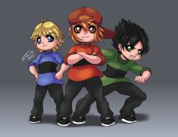  3boys absurdres angry antenna_hair backwards_hat black_hair black_pants black_shoes blonde_hair blue_eyes blue_skirt boomer_(ppg) brick_(ppg) brothers butch_(ppg) child clenched_hand crossed_arms frown green_eyes green_shirt grey_background hands_on_own_hips hat highres jo-vee-al looking_at_viewer male_focus multiple_boys orange_hair pants parted_bangs powerpuff_girls red_eyes red_hat red_shirt rowdyruff_boys shirt shoes siblings side-by-side signature skirt sleeves_rolled_up smile sneakers spiky_hair standing striped_clothes striped_shirt v-shaped_eyebrows white_shoes 