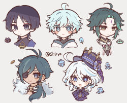  1girl 4boys :&lt; ahoge animalization antenna_hair aqua_hair ascot bead_necklace beads black_bodysuit black_cat black_collar black_eyes black_hair blue_bow blue_cape blue_eyes blue_hair blue_pupils blunt_ends blush_stickers bodysuit bow cape cat chongyun_(genshin_impact) closed_mouth coin collar colored_eyelashes cropped_head crystal_earrings curly_ends curtained_hair dark-skinned_male dark_skin diamond-shaped_pupils diamond_(shape) drop-shaped_pupils earrings eyelash_ornament eyeliner eyepatch eyeshadow facial_mark food forehead_mark fur_collar furina_(genshin_impact) genshin_impact gentilhomme_usher gold gold_coin gold_earrings hair_between_eyes hair_intakes hat hat_bow hoshizuki_chimama jacket jewelry kaeya_(genshin_impact) looking_at_viewer looking_down looking_past_viewer low_ponytail mademoiselle_crabaletta makeup mandarin_collar mini_hat mini_top_hat mismatched_pupils multicolored_hair multiple_boys neck_ring necklace parted_bangs person_and_animalization ponytail popsicle purple_ascot purple_hat purple_pupils red_eyeliner red_eyeshadow scaramouche_(cat)_(genshin_impact) scaramouche_(genshin_impact) short_hair smile streaked_hair surintendante_chevalmarin swept_bangs symbol-shaped_pupils tassel_necklace top_hat tsurime twitter_username violet_eyes wanderer_(genshin_impact) white_background white_collar white_hair white_jacket wispy_bangs xiao_(bird)_(genshin_impact) xiao_(genshin_impact) yellow_eyes 