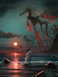  1girl beach clouds dress foaming_waves from_behind giant giant_monster glowing glowing_eyes highres long_hair matsuba10 monster ocean original outdoors rock sea_dragon solo standing sunset twitter_username white_dress 