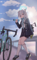  1girl absurdres animal_ear_fluff animal_ears assault_rifle bag bicycle black_jacket black_skirt blazer blue_archive blue_eyes blue_jacket blue_necktie blue_scarf blurry bottle closed_mouth clouds cross_hair_ornament daily_time depth_of_field extra_ears full_body gloves green_gloves grey_hair gun hair_between_eyes hair_ornament halo highres holding holding_bottle jacket kneehighs long_sleeves looking_at_viewer mismatched_pupils necktie on_railing open_clothes open_jacket outdoors plaid_clothes plaid_skirt pleated_skirt railing rifle scarf school_uniform shiroko_(blue_archive) shirt shoes sig_sauer single_glove sitting skirt sky sneakers socks solo water_bottle weapon white_shirt white_socks wolf_ears 