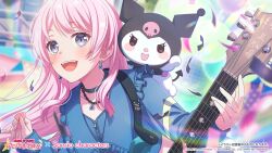  1girl bang_dream! bang_dream!_it's_mygo!!!!! black_choker blue_jacket blurry blurry_background blush chihaya_anon choker commentary_request confetti electric_guitar esp_guitars fang grey_eyes guitar guitar_strap highres holding holding_plectrum instrument jacket jewelry kuromi long_hair necklace official_art open_mouth pink_hair plectrum sanrio teeth upper_teeth_only 