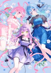  3girls black_gloves blue_dress blue_eyes blue_hair closed_mouth demon_tail dress gloves green_eyes hair_ornament hand_up hands_up highres hololive hoshimachi_suisei jewelry long_hair looking_at_viewer lying minato_aqua multicolored_hair multiple_girls necklace pink_dress pink_eyes pink_hair purple_dress purple_hair short_sleeves smile tail tokoyami_towa virtual_youtuber white_gloves yuzuriha_(nx_e78) 
