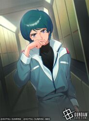  aeug argama blue_eyes blue_hair commentary_request copyright_notice gundam gundam_card_game hallway hand_on_own_face kamille_bidan logo looking_at_viewer malo_(mlpmpmp) military_uniform official_art science_fiction spacecraft_interior sunrise_(company) title zeta_gundam 