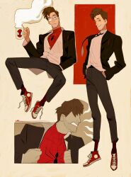  1boy :/ absurdres bespectacled black_jacket black_necktie black_pants black_socks bodysuit brown_eyes brown_hair clenched_teeth closed_mouth coffee_mug collared_shirt converse covered_eyes cropped_torso cup dingnin98201637 glasses hands_in_pockets hashtag-only_commentary highres holding holding_cup invisible_chair jacket looking_at_viewer looking_to_the_side male_focus marvel mug multiple_views necktie open_clothes open_jacket pants partially_open_shirt peter_b_parker red_bodysuit red_shoes shirt shoelaces shoes short_hair sideways_glance sitting smile socks spider-man spider-man:_across_the_spider-verse spider-man_(series) spider-verse steam teeth white_shirt wing_collar 