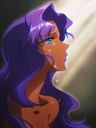  1girl collarbone crying crying_with_eyes_open dark-skinned_female dark_skin facial_mark forehead_mark green_eyes highres himemiya_anthy light_rays long_hair looking_up parted_lips purple_hair shoujo_kakumei_utena solo sonnambulo777 tears 