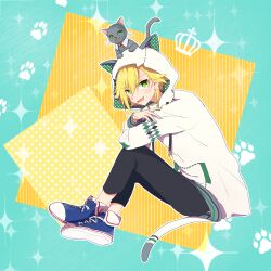  1boy animal_ears animal_hood animal_on_head blonde_hair blue_shoes blush cat cat_ears cat_hood cat_on_head cat_tail drawn_crown drawstring elbow_rest fake_animal_ears fake_tail flipped_hair from_side full_body green_background green_eyes green_hoodie grey_pants hair_between_eyes highres hood hood_up hoodie knees_up long_sleeves looking_at_viewer male_focus nijisanji no_socks on_head open_mouth pants polka_dot polka_dot_hoodie poteo_(ruma_30) shoes short_hair sidelocks sitting sneakers solo sparkle_background tail two-sided_fabric uzuki_kou uzuki_kou_(2nd_costume) v-shaped_eyebrows virtual_youtuber white_hoodie yellow_background 