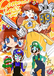  1girl 3boys absurdres baseball_bat blue_eyes blue_overalls brown_hair closed_eyes dress earrings facial_hair flower_earrings gloves green_hat green_shirt hat highres jewelry long_hair luigi mario_party mario_party_3 millennium_star multiple_boys mustache orange_dress overalls piranha_plant princess_daisy purple_hat purple_shirt rakugaki_shitagari-ya shirt star_(symbol) super_mario_bros. waluigi white_gloves 