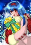  anastasia_valeria blue_hair bow christmas coat cocopazu gift gloves hairband happy holding holding_gift long_hair night open_mouth payot red_eyes ribbon solo tree wild_arms wild_arms_2 