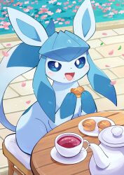  absurdres animal_focus blue_eyes blue_fur blue_sclera blush colored_sclera cup eating flower food food_on_face full_body glaceon highres holding holding_food komanychi looking_at_viewer no_humans open_mouth outdoors petals pokemon pokemon_(creature) pokemon_focus saucer sitting smile solo tail teacup teapot 