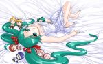  bed_sheet chibi crazypen dress green_eyes green_hair hachune_miku hair_ribbon hatsune_miku kagamine_len kagamine_rin kaito long_hair lying megurine_luka meiko nail_polish on_back ribbon takoluka twintails upside-down very_long_hair vocaloid wallpaper 