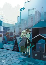  2girls absurdres black_hair black_hat black_shoes black_skirt blonde_hair box briefcase building closed_mouth collared_shirt dress fedora hair_between_eyes hashtag-only_commentary hat highres holding holding_briefcase long_dress long_hair looking_at_viewer looking_to_the_side maribel_hearn mary_janes mob_cap multiple_girls neck_ribbon outdoors purple_dress purple_ribbon purple_shoes railing red_eyes ribbon shirt shoes short_hair short_sleeves signature skirt standing tamagogayu1998 touhou tree usami_renko violet_eyes white_hat white_shirt window 