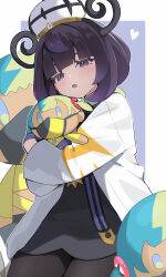  1girl aqua_hair black_dress black_hair black_mask black_pantyhose blonde_hair blue_eyes blue_gloves blunt_bangs blush bob_cut canari_(pokemon) canari_plush_(pokemon) character_doll coat doll dress gloves gradient_hair gwynn_(pokemon) hat heart highres holding holding_stuffed_toy jacket long_sleeves looking_at_viewer mask mega_stone mouth_mask multicolored_hair open_clothes open_coat open_mouth pantyhose partially_fingerless_gloves pokemon pokemon_legends:_z-a purple_hair short_hair short_twintails solo split-color_hair stuffed_toy twintails two-tone_hair two-tone_mask ura_(hamburg_oniku) violet_eyes white_coat yellow_jacket yellow_mask 