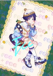  1boy alternate_costume animal_print arm_at_side beanie blue_jacket blue_ribbon blue_sleeves blunt_ends blush bright_pupils brown_shorts cat_print cheek_bulge closed_mouth collar collared_shirt eyeliner eyeshadow fcc_(fengcheche) full_body fur-trimmed_hood fur-trimmed_jacket fur_trim genshin_impact hand_on_own_face hand_on_own_thigh hand_up hat head_rest highres hood hooded_jacket jacket kneehighs layered_sleeves long_sleeves looking_at_viewer makeup male_focus open_clothes open_jacket plaid_clothes plaid_shorts plant_print pom_pom_(clothes) pom_pom_beanie purple_hair purple_trim raised_eyebrow red_eyeliner red_eyeshadow ribbon scaramouche_(cat)_(genshin_impact) scaramouche_(genshin_impact) shirt shoes shorts sitting sneakers socks solo star_ornament striped_ribbon sweater undershirt v-neck violet_eyes watermark white_collar white_hat white_pupils white_shirt white_shoes white_socks yellow_ribbon yellow_sleeves yellow_sweater 