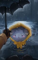  black_bodysuit bodysuit brown_jacket emma_(pokemon) espurr gloves grey_fur highres imazartz jacket latex latex_bodysuit looking_at_viewer open_mouth pokemon pokemon_(creature) pokemon_focus pokemon_legends:_z-a pov raincoat short_hair standing umbrella violet_eyes yellow_raincoat 